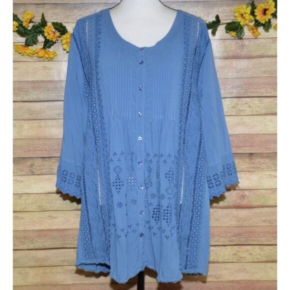 Roaman's Women's 28W Blue Eyelet Blouse Tunic Top Button Front 3/4 Sleeve Comfy - Picture 1 of 14